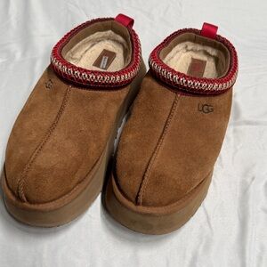 UGG Brown Suede Tasmans Mules with Red Trim
